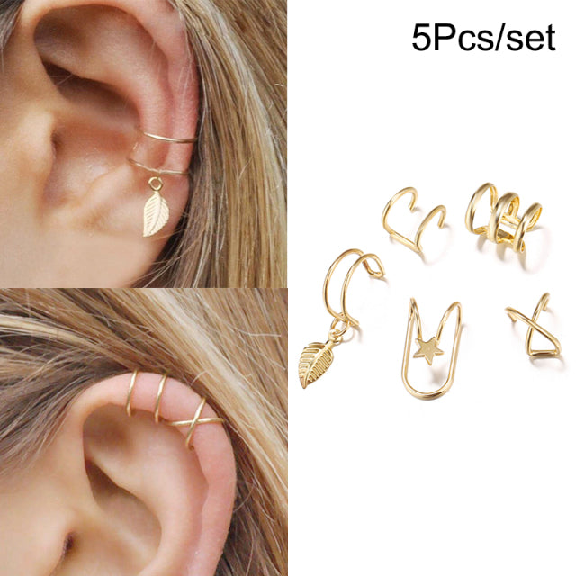 17KM Gold Leaves Ear Cuff Black Non-Piercing Ear Clips Fake Cartilage Earrings Clip Earrings For Women Men Wholesale Jewelry